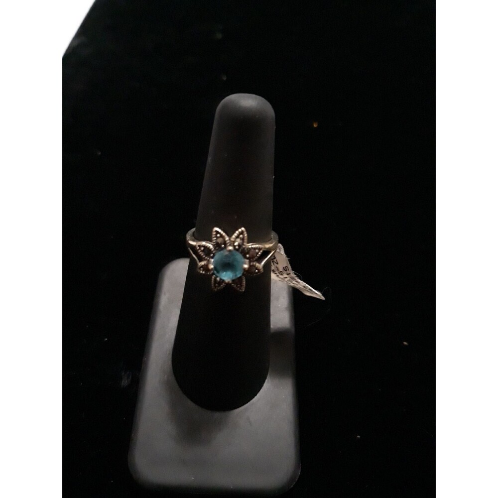 Sterling Silver marcasite aqua cz Ring 6